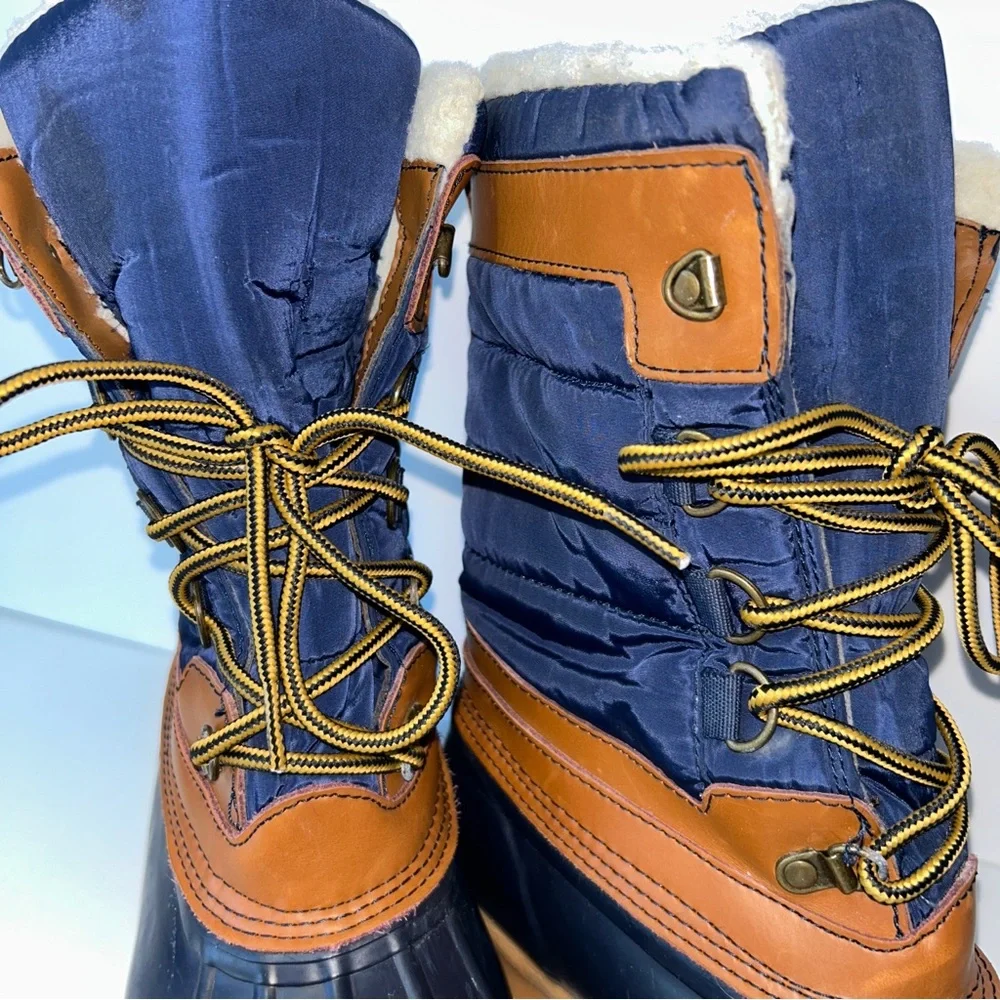 Lands' End Duck Boots Women's 7.5 Sherpa Lined Navy Camel Waterproof Lace Up‎